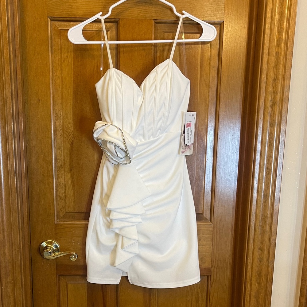 NWT Honey and Rosie White Mini Dress with Rose and Silver Details XS